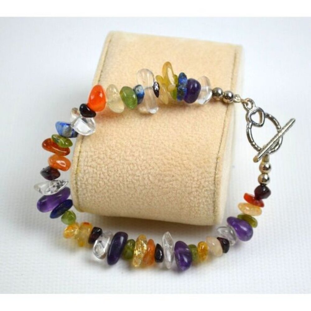 Silver Tone Multicolor Beaded Chip Glass‎ Bracelet 7.5"